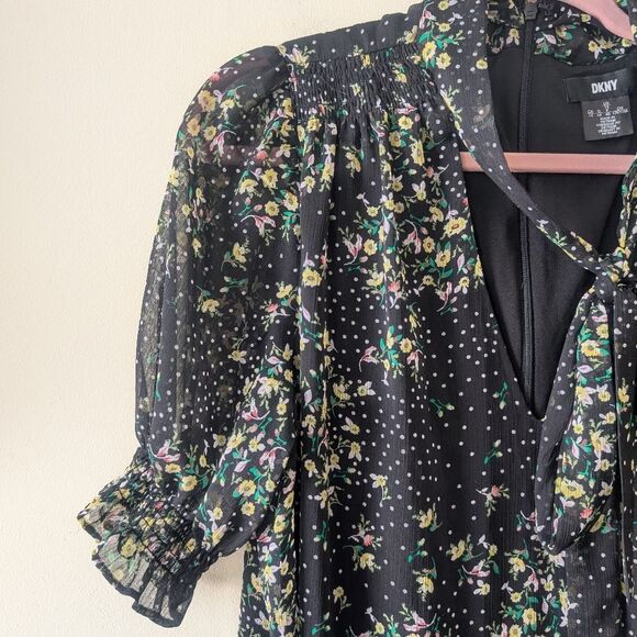 DKNY Floral-Print Tie-Neck Shift Dress Black Multi Size 14 - Picture 5 of 9